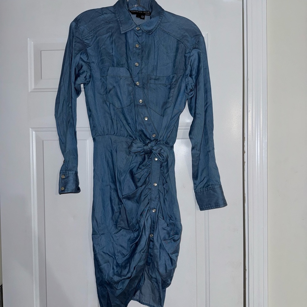 Veronica Beard Sierra Ruched Chambray Dress size-0 - Picture 3 of 5